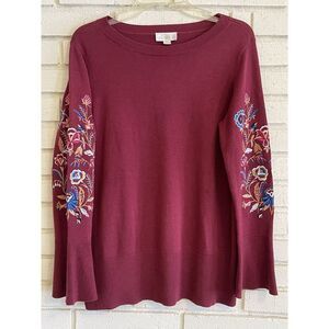 Belle By Kim Gravel Embroidered Belle Sleeve Pullover Sweater Burgundy Sz. Small